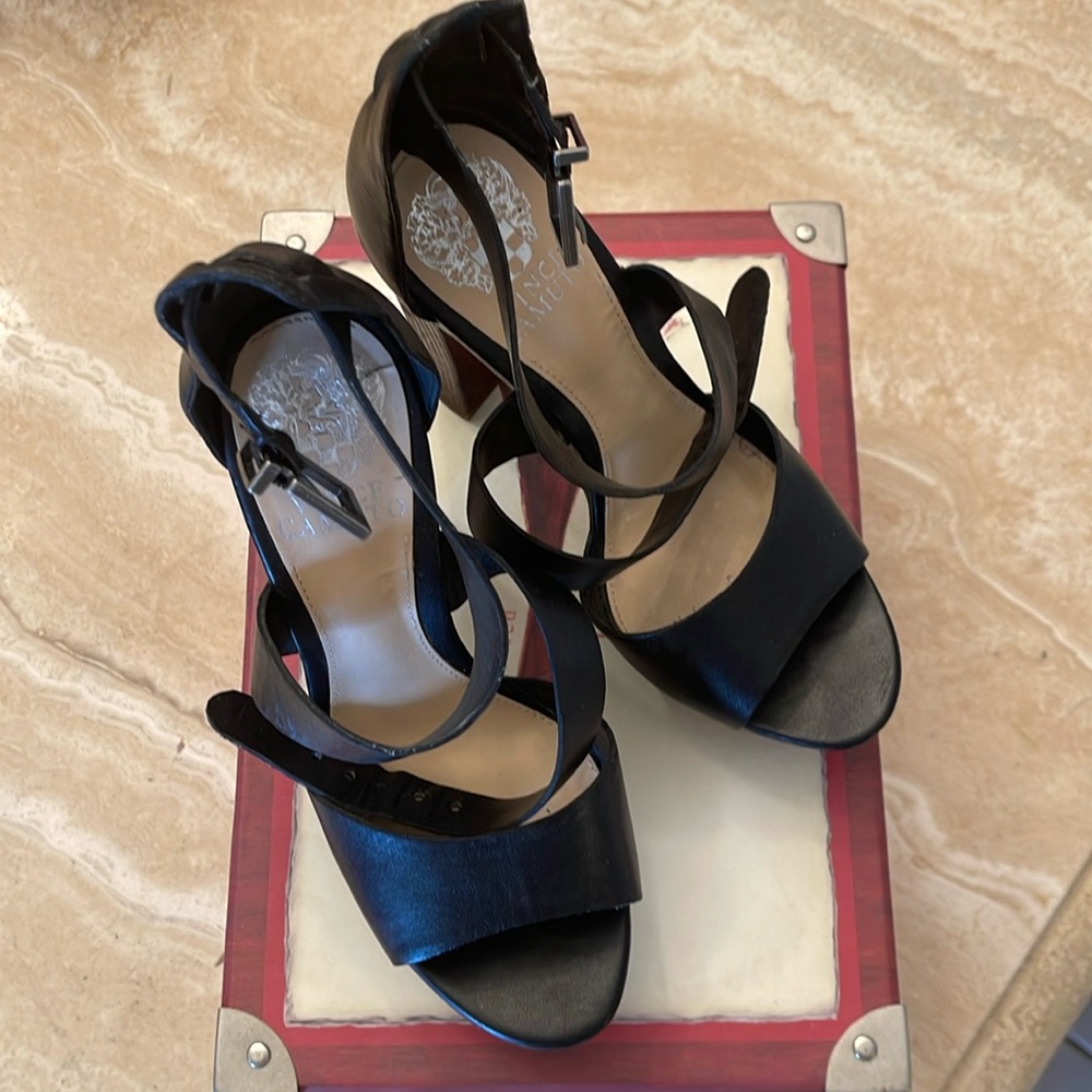 Vince Camuto strappy black leather with wooden heels
